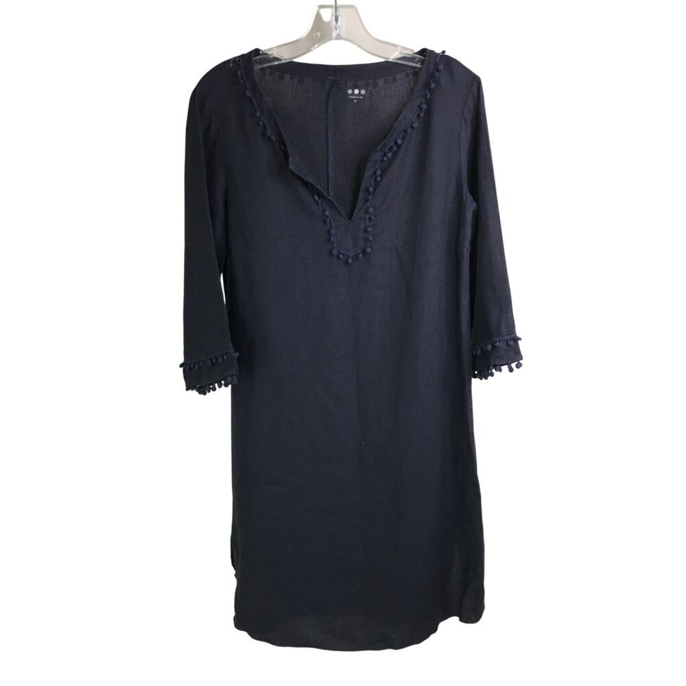 Three Dots Dress Womens Size XS Navy Blue Pom Pom Trim V-Neck‎ 3/4 Sleeve